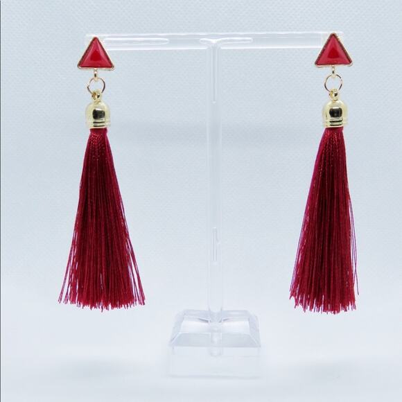 Zara Red Triangle Stud Tassel Earrings - Picture 3 of 4